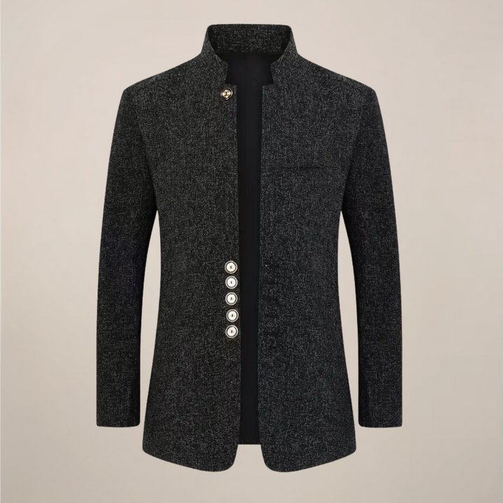 Sharp men's stand collar, single-breasted blazer. Ideal outerwear for spring & autumn, offering a sophisticated look.