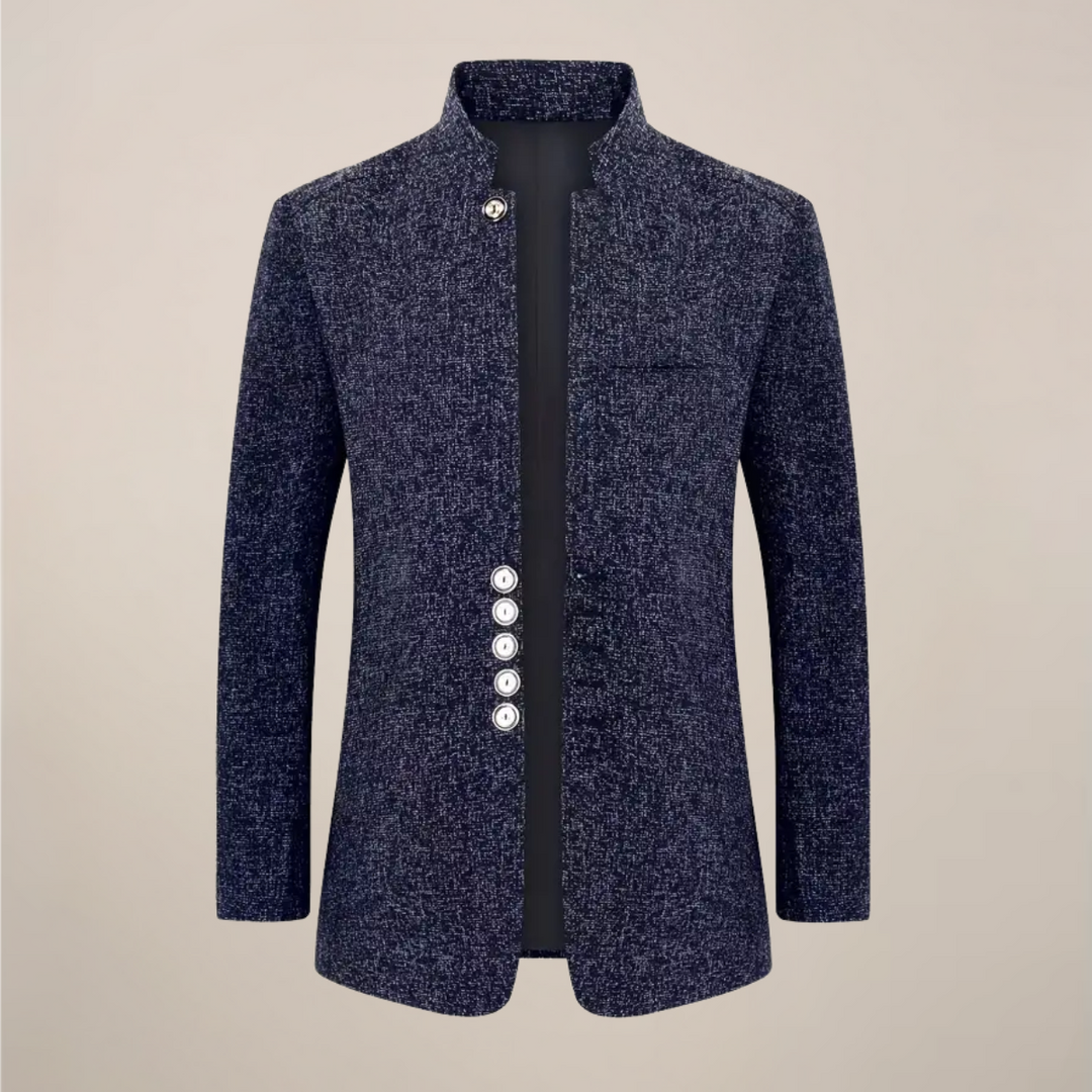 Stylish men's stand collar jacket. Single-breasted, tailored fit for a modern, versatile smart-casual aesthetic.