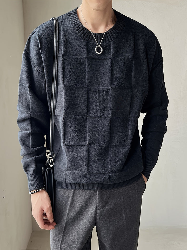 Premium men's stretch crew neck pullover sweater, designed for cozy warmth, stylish comfort, & versatility.