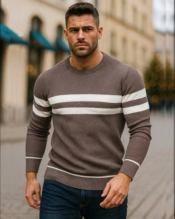 Elevate your fall look with this stylish men's striped crewneck sweater. Ideal for smart casual fashion.