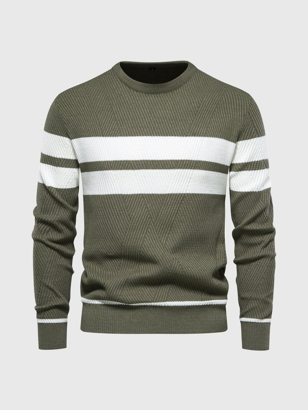 Close-up of the soft fabric & stylish stripes on this men's crewneck sweater, a fall fashion staple.