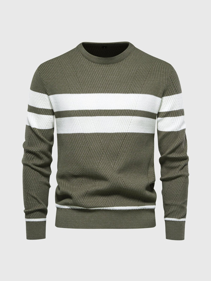 Close-up of the soft fabric & stylish stripes on this men's crewneck sweater, a fall fashion staple.