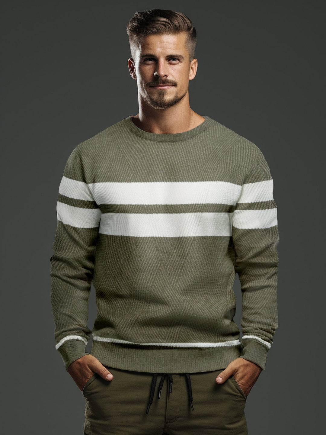 Man models a modern striped crewneck sweater, showcasing comfortable men's fashion & style.