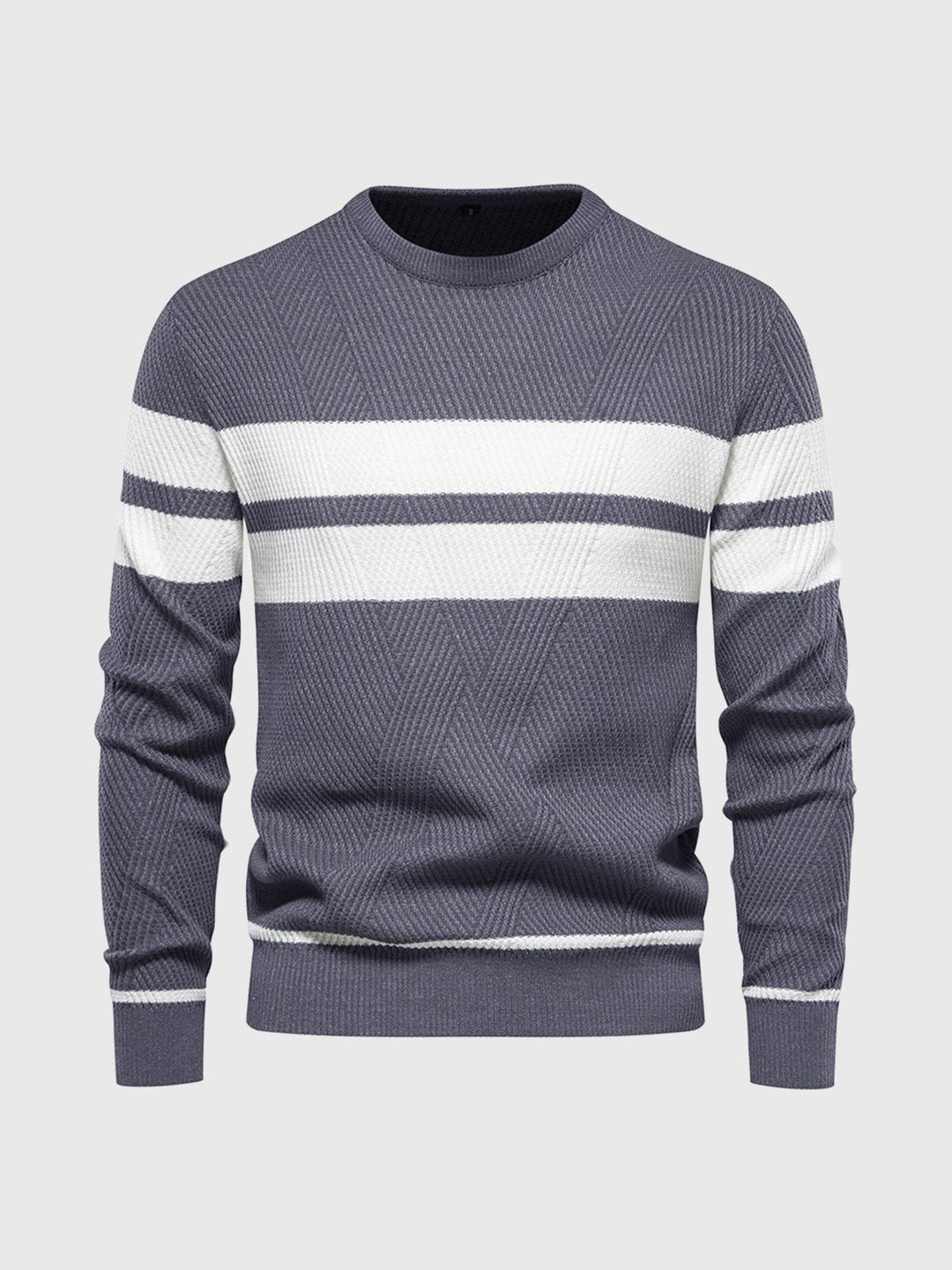 Back view of a fashionable men's striped crewneck sweater, a comfortable long-sleeve top for winter.