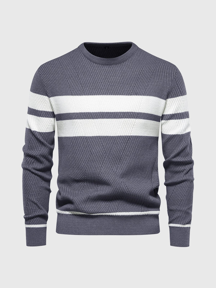 Back view of a fashionable men's striped crewneck sweater, a comfortable long-sleeve top for winter.