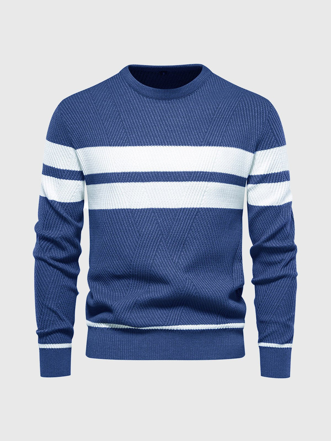 Front view of a men's stylish striped crewneck sweater, essential long-sleeve top for casual wear.