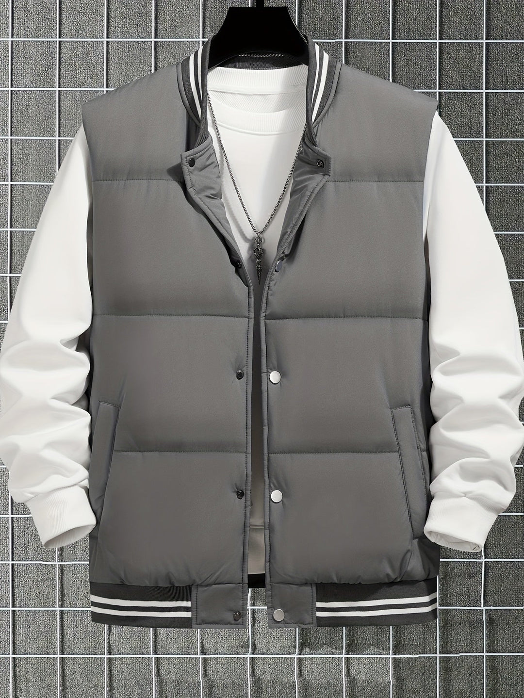 Stylish men's striped gilet. Warm, versatile vest for winter. Perfect casual outerwear with a stand-up collar.