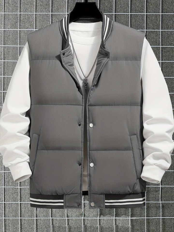 Stylish men's striped gilet. Warm, versatile vest for winter. Perfect casual outerwear with a stand-up collar.