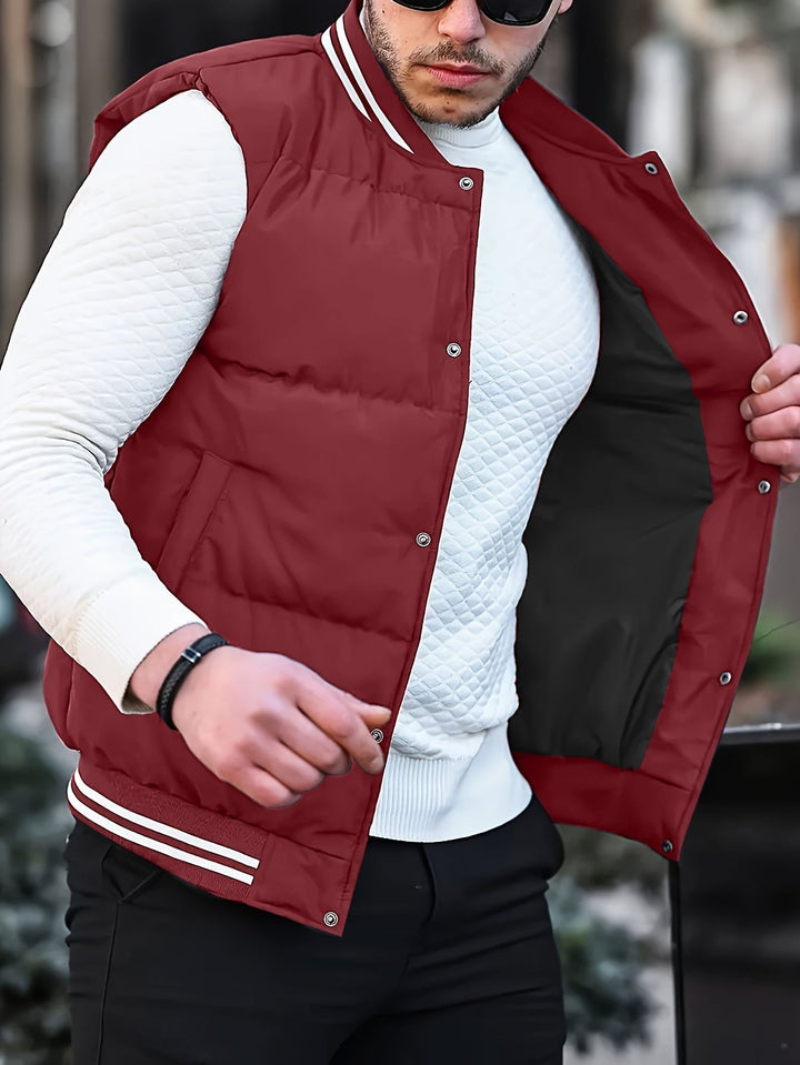 Men's striped gilet featuring a stylish stand-up collar. Warm, contrast color vest, excellent for men's fashion.