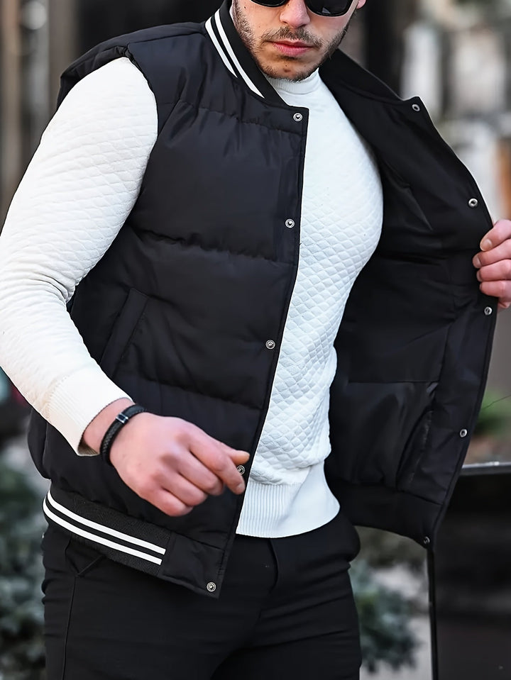 Warm men's striped gilet, a casual vest for winter. Stylish outerwear with a stand-up collar for men.