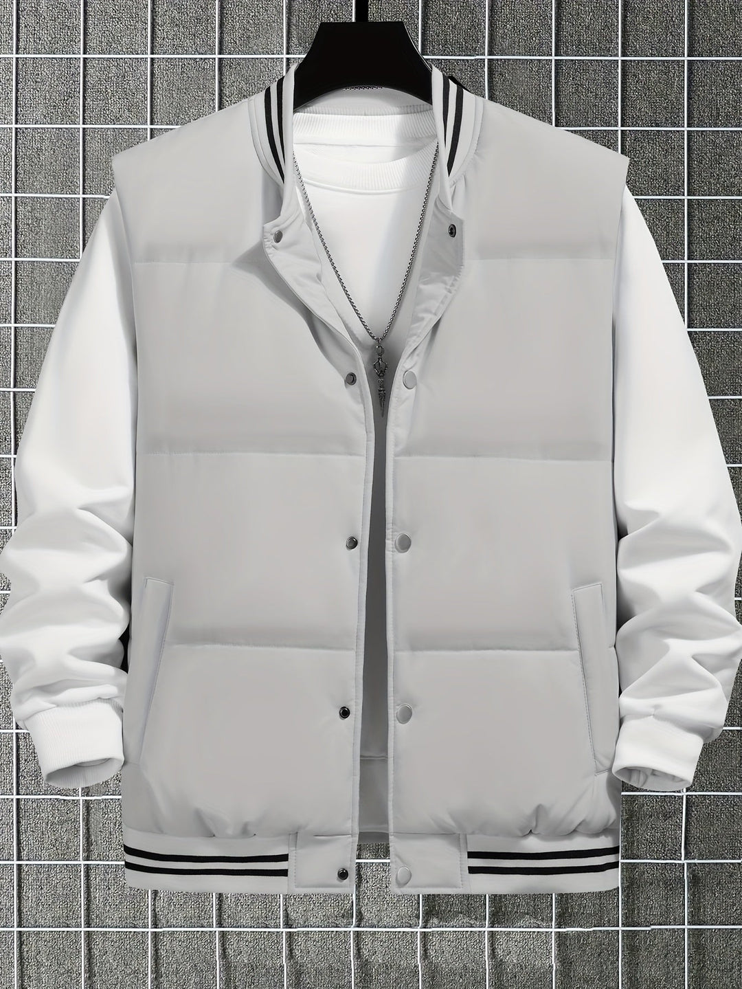 Contrast color striped bodywarmer for men. Warm gilet with a stand-up collar, great for casual winter wear.