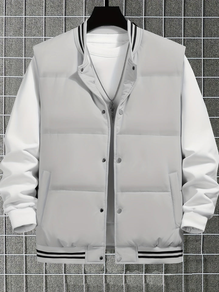 Contrast color striped bodywarmer for men. Warm gilet with a stand-up collar, great for casual winter wear.
