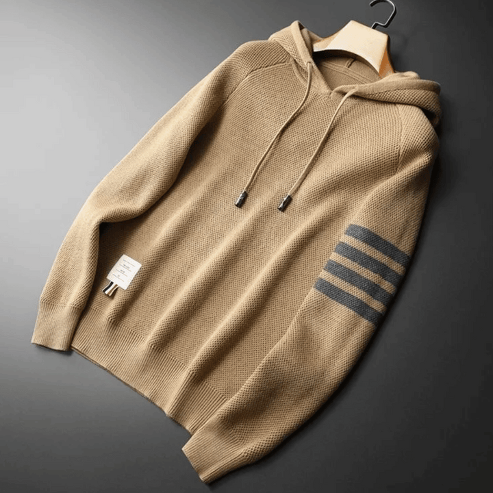 Comfortable men's striped pullover hoodie with an adjustable hood, ideal for casual wear and athleisure activities.