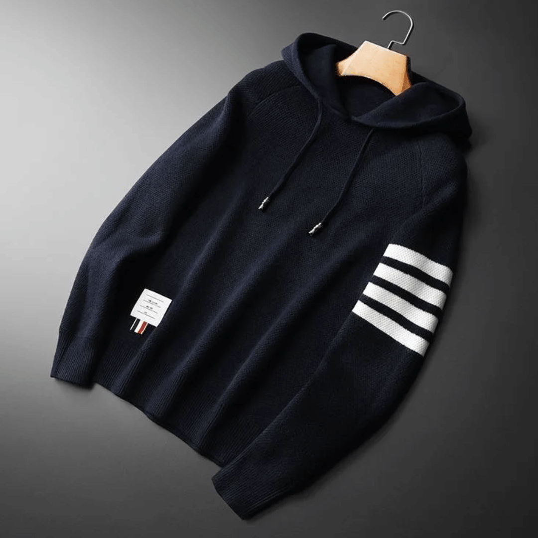 Versatile men's striped pullover hoodie, a key piece for stylish casual wear or as light outerwear in cool weather.