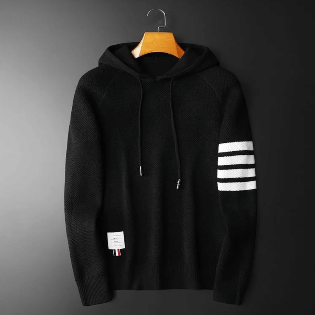 Close-up of a men's stylish striped hoodie, highlighting its premium fabric and comfortable fit for everyday casual wear.