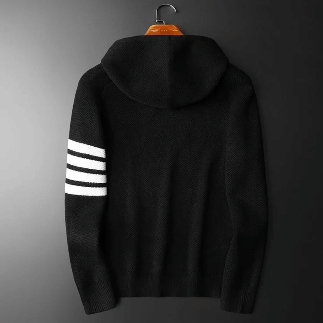 Front view of a men's comfortable striped pullover hoodie with a spacious front pocket, perfect for a relaxed yet stylish look.