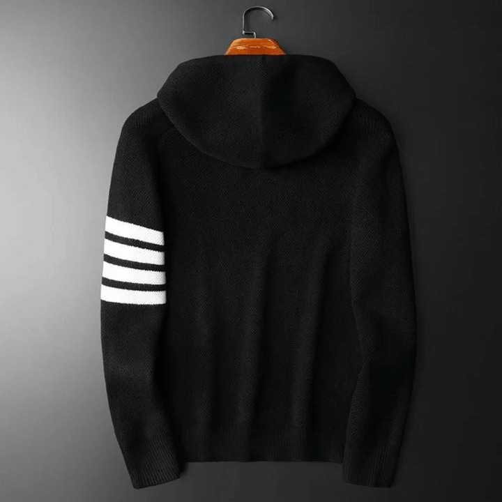 Front view of a men's comfortable striped pullover hoodie with a spacious front pocket, perfect for a relaxed yet stylish look.
