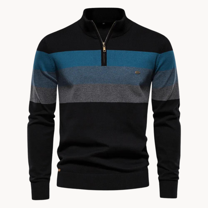 Versatile men's striped quarter zip sweater in a classic style, great for casual layering or everyday men's fashion.