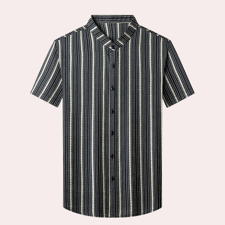 Close-up of a men's striped summer shirt fabric, highlighting the pattern & casual style.