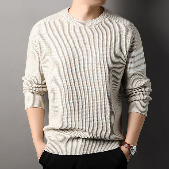 Modern men's long sleeve striped pullover sweater for autumn & winter fashion.