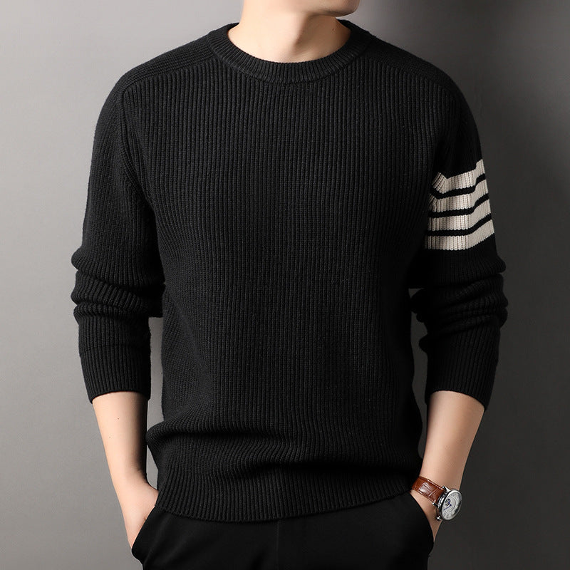 Versatile men's striped sweater, ideal for casual layering in cold weather.