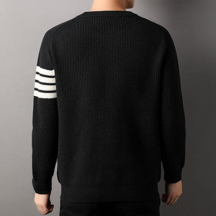 Trendy men's fashion striped sweater, a stylish essential for winter layering.