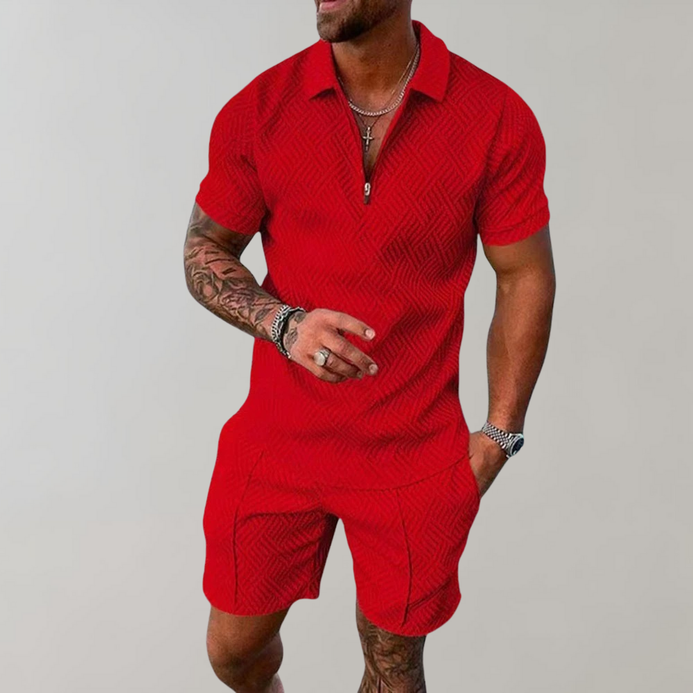 Comfortable polyester men's summer polo & shorts set. Ideal breathable casual wear for warm weather men's fashion.