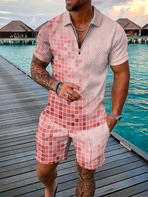Men's stylish summer polo & shorts set, perfect two-piece casual wear for effortless comfort & holiday fashion.