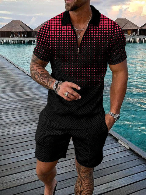 Men's summer two-piece polo & shorts set, a versatile casual outfit for stylish men's fashion and holiday wear.