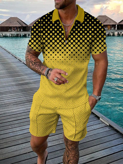 Effortless men's casual outfit: summer polo & shorts two-piece set, offering comfort and style for leisure.