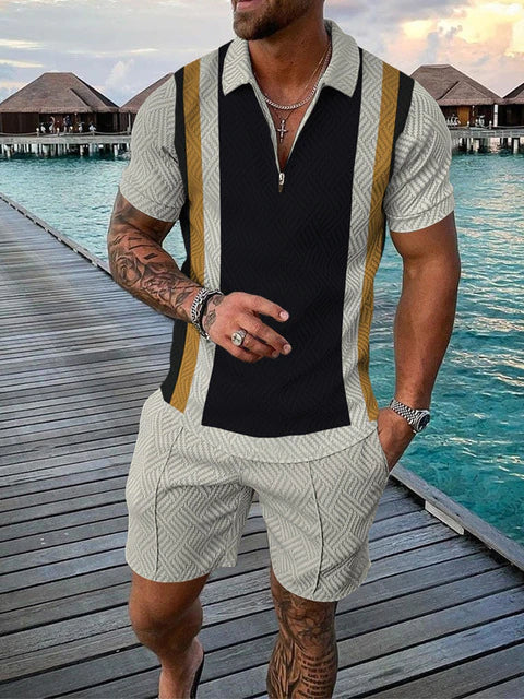 Stylish men's short-sleeve polo shirt from a summer casual two-piece set, ideal for leisurewear.