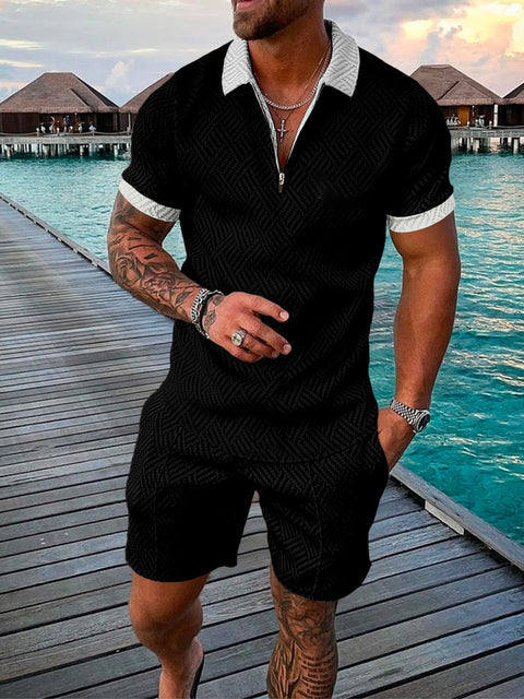 Men's two-piece summer leisurewear: stylish polo & shorts set, emphasizing comfort and casual fashion.