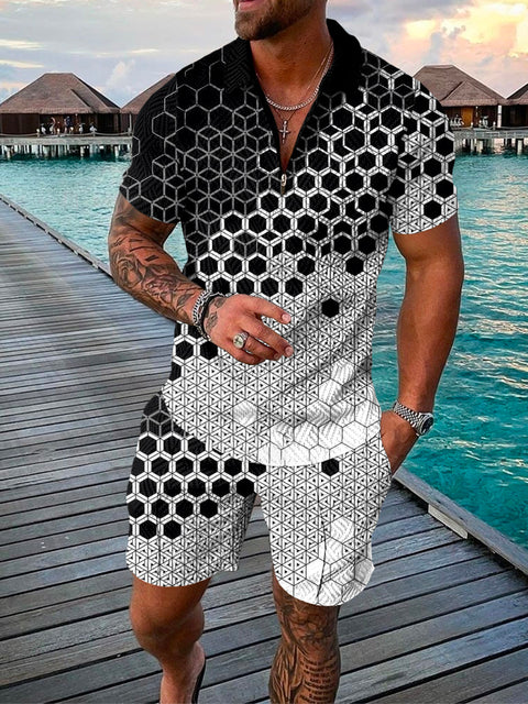 Close-up of the comfortable fabric on this men's summer polo and shorts two-piece casual set, perfect for holidays.