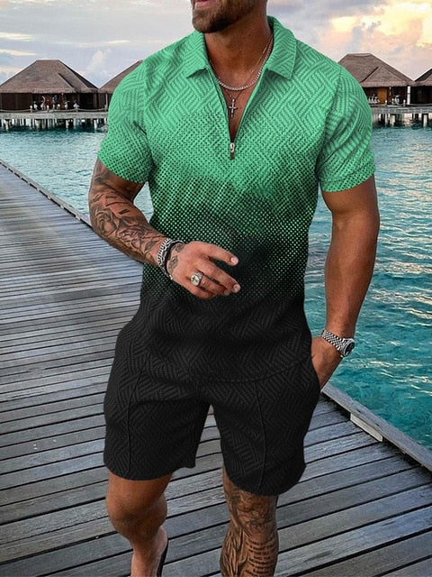 Model wearing men's comfortable summer polo and shorts set, perfect leisurewear for a relaxed stylish look.