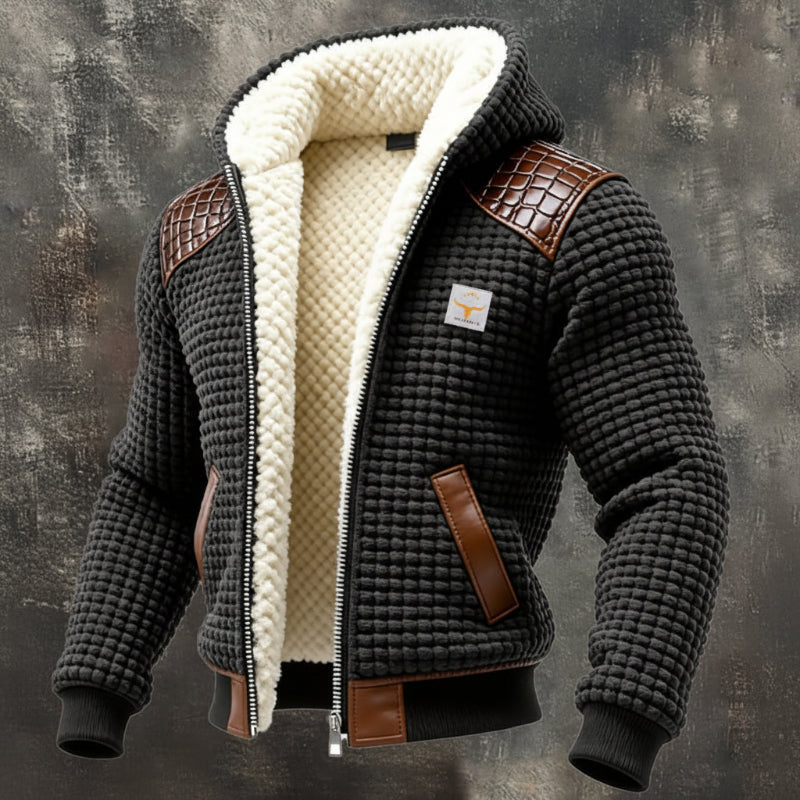 Men's stylish textured winter jacket in a rugged fabric, perfect for warmth & fashion in cold weather.