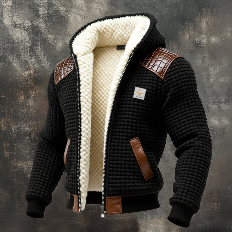 Comfortable men's textured winter coat, rugged outerwear ideal for layering and cold weather protection.