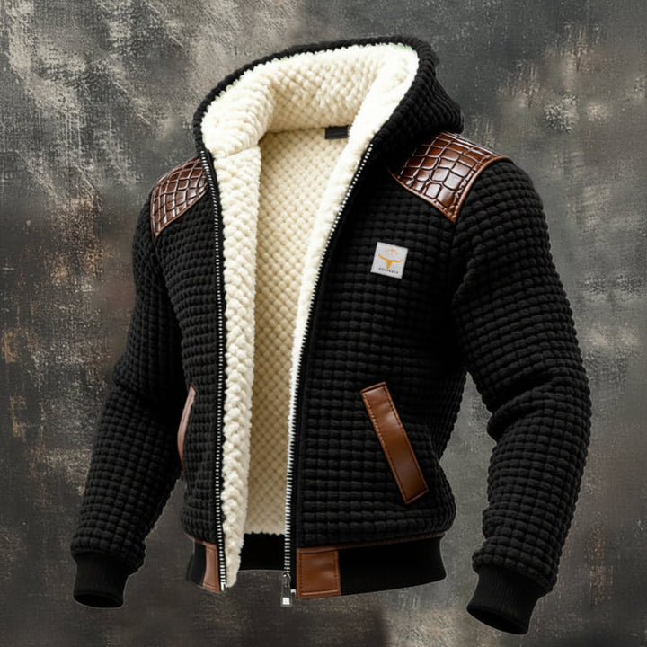Comfortable men's textured winter coat, rugged outerwear ideal for layering and cold weather protection.