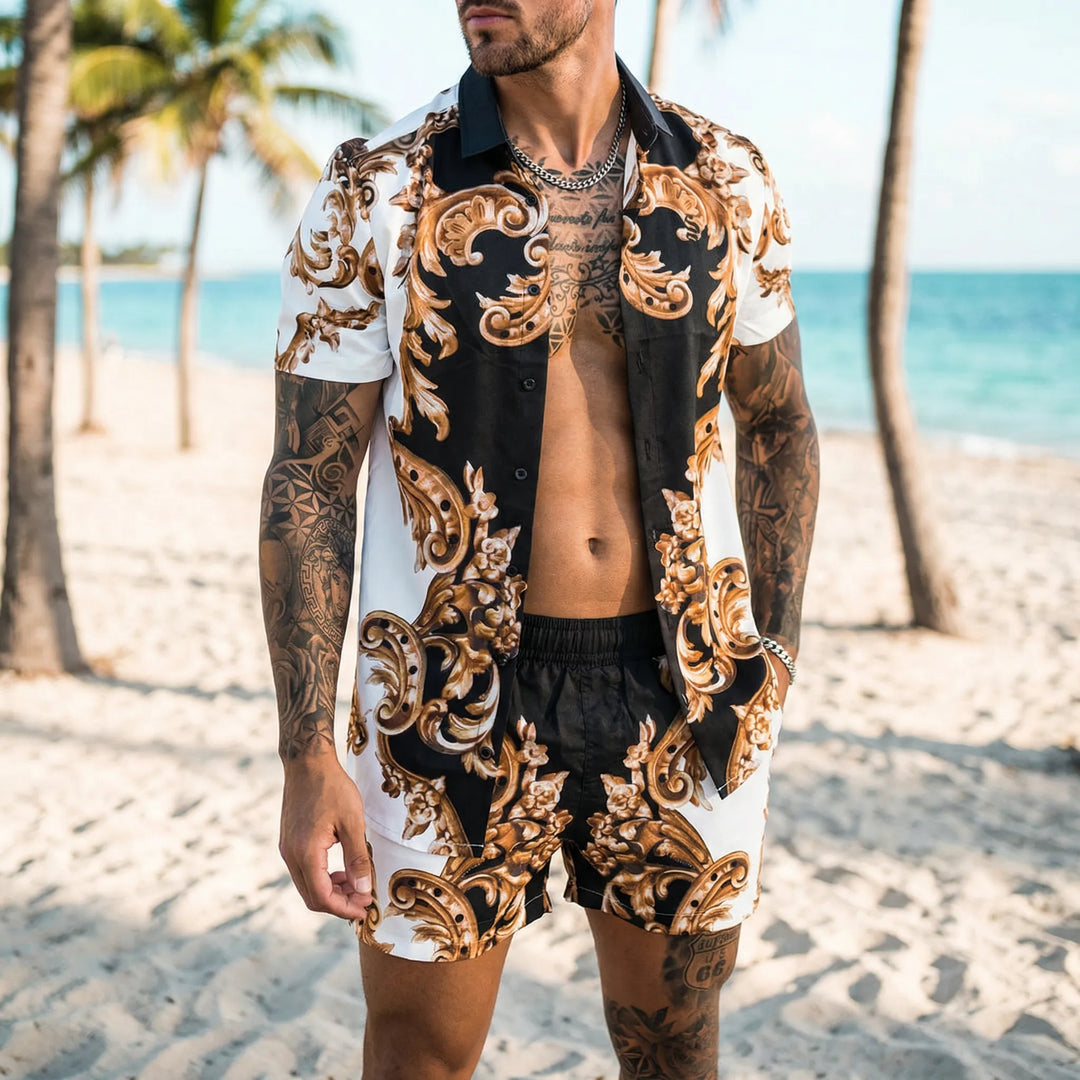 Men's stylish two-piece Jamal summer set with bold print shirt and matching shorts for casual wear.