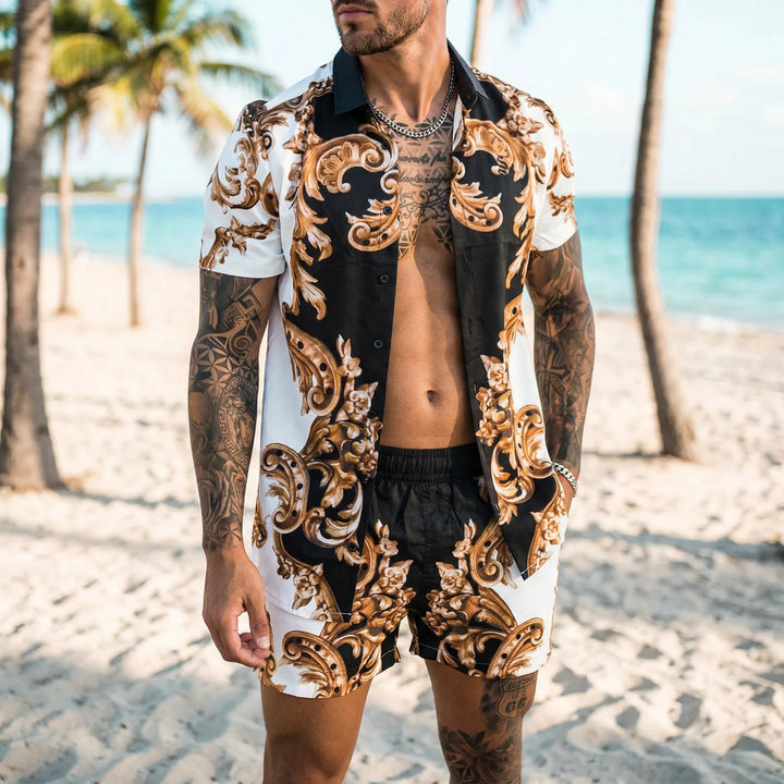 Men's stylish two-piece Jamal summer set with bold print shirt and matching shorts for casual wear.