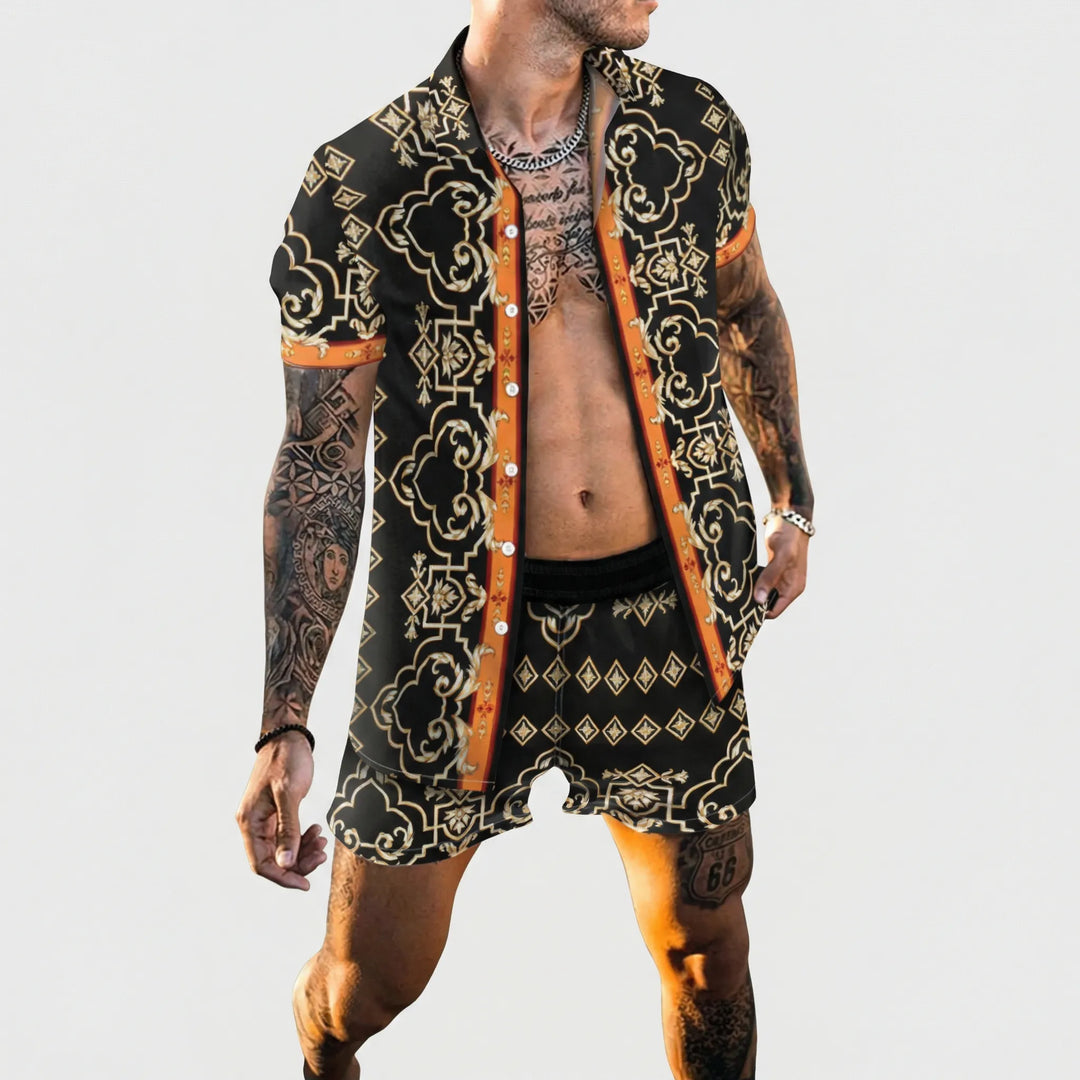 Detail of the vibrant bold print on the men's two-piece casual summer set, ideal for stylish wear.