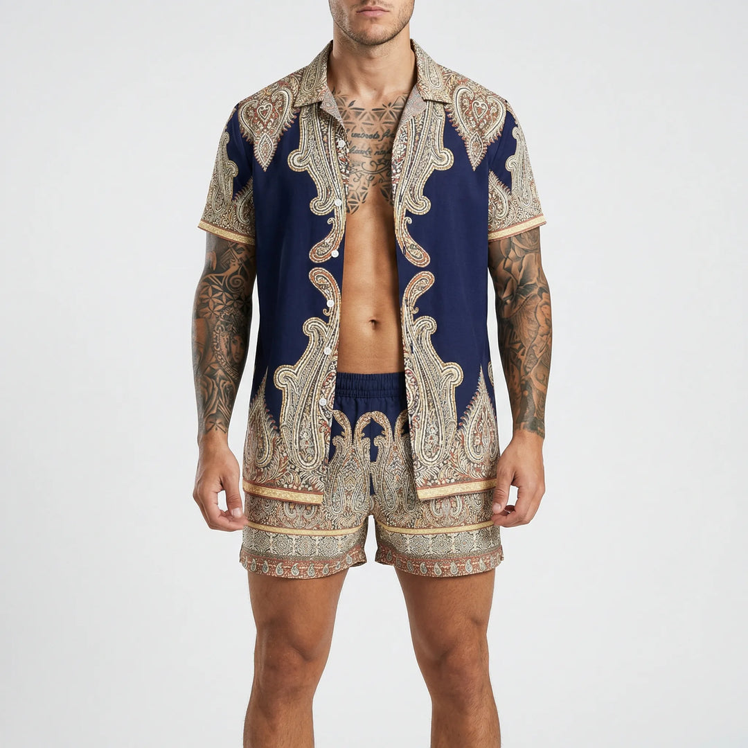 Men's stylish printed shirt from the two-piece Jamal summer set, a perfect choice for resort wear.