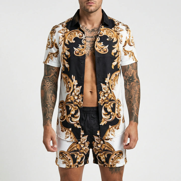 Trendy men's resort wear featuring a printed summer shirt and comfortable shorts, perfect for vacation.