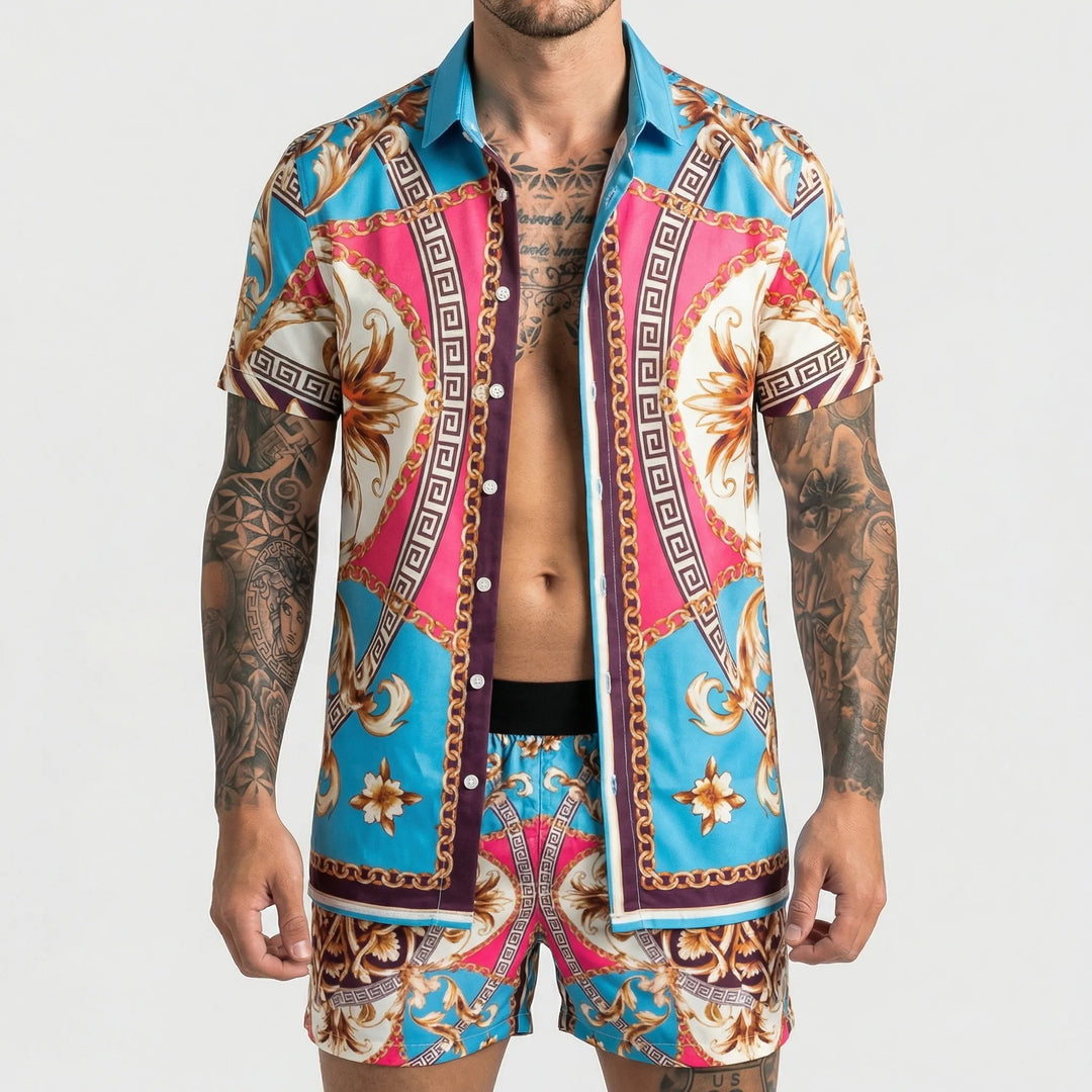 Full view of the men's Jamal summer set: a stylish printed shirt & matching shorts for resort wear.