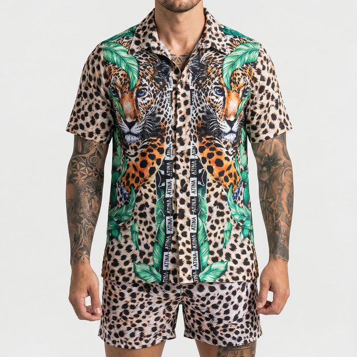 Back view of the men's bold print summer shirt, part of the trendy two-piece Jamal casual set.