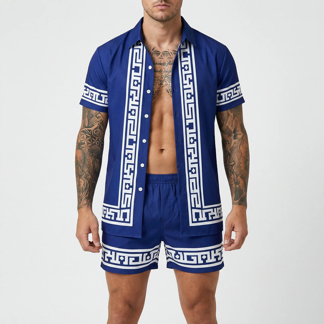 Stylish men's two-piece set for summer, featuring a vibrant printed shirt and comfortable shorts.