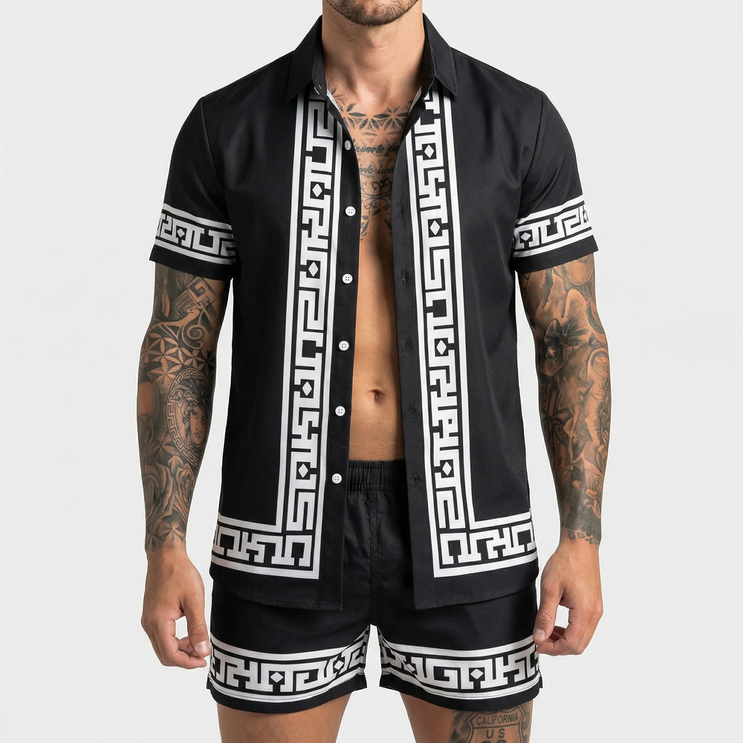 Men's vacation outfit: Jamal two-piece summer set with unique bold print, perfect for resort style.