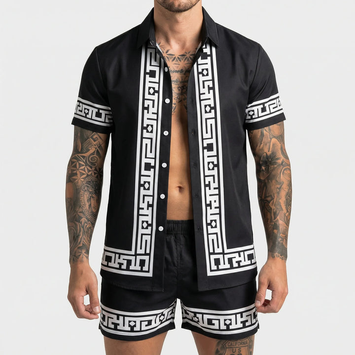 Men's vacation outfit: Jamal two-piece summer set with unique bold print, perfect for resort style.
