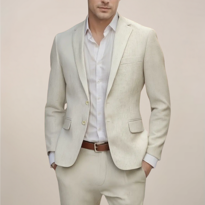 Sophisticated men's two-piece summer suit in a tailored slim fit, suitable for formal events & smart casual.