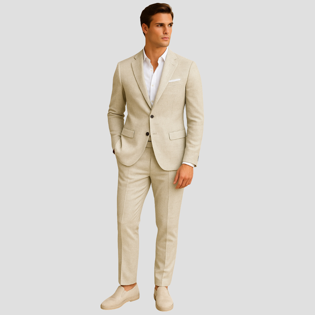Men's stylish two-piece summer suit, perfect for sophisticated warm-weather events. Modern tailored blazer & trousers.
