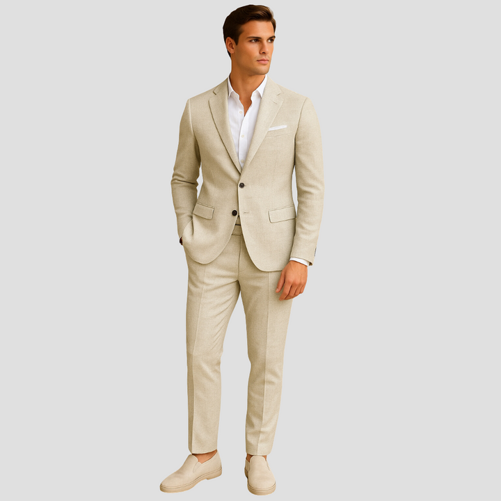 Men's stylish two-piece summer suit, perfect for sophisticated warm-weather events. Modern tailored blazer & trousers.
